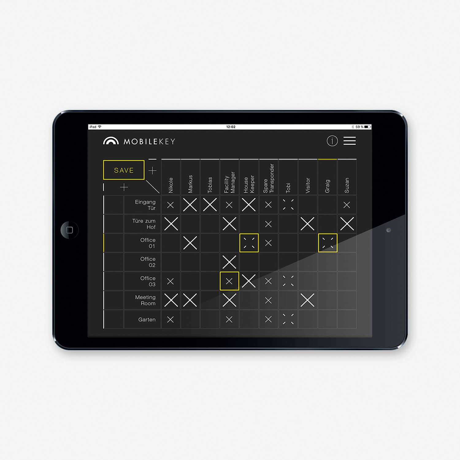 Die MobileKey-Verwaltung auf einem Tablet: eine Tabelle mit Türen und Personen