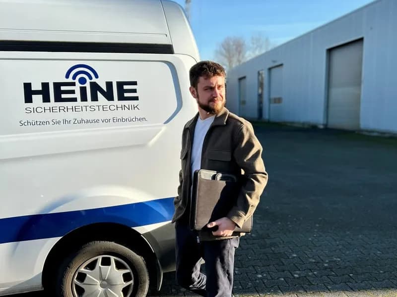 Niklas Heine mit Tablet vor dem Firmenwagen
